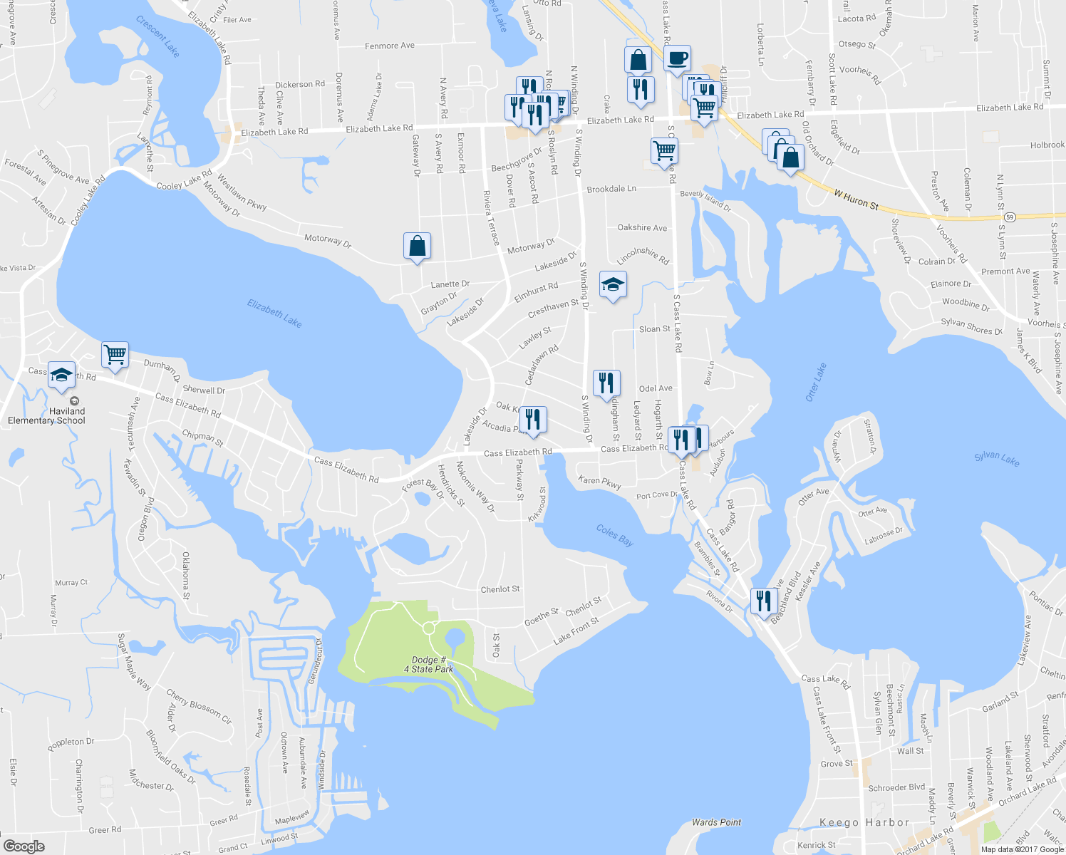 map of restaurants, bars, coffee shops, grocery stores, and more near 3966 Arcadia Park Drive in Waterford Township