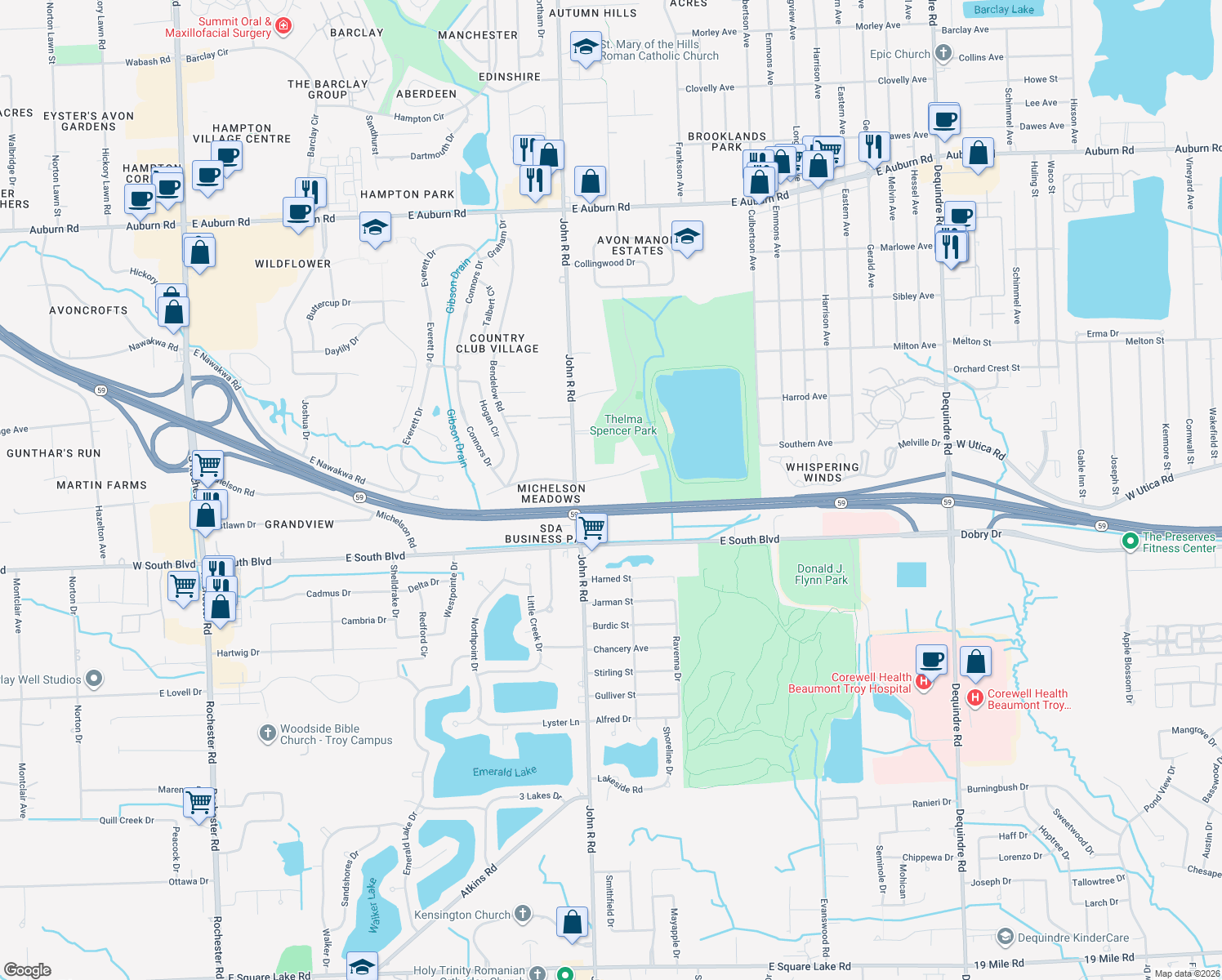 map of restaurants, bars, coffee shops, grocery stores, and more near 1106 Michelson Road in Rochester Hills