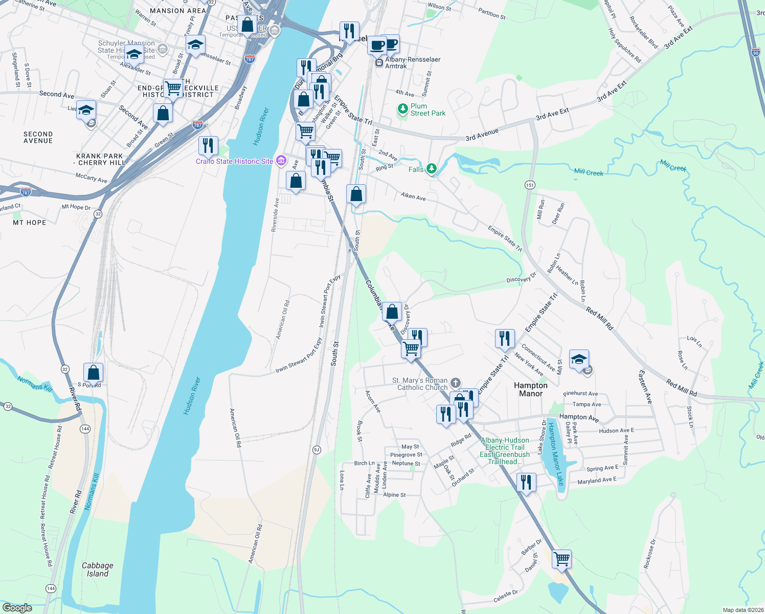 map of restaurants, bars, coffee shops, grocery stores, and more near 96 Columbia Turnpike in Rensselaer