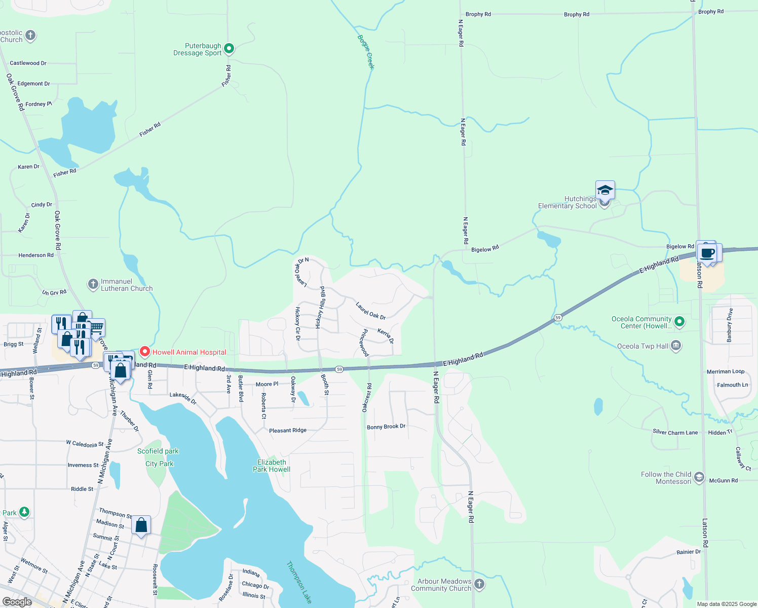 map of restaurants, bars, coffee shops, grocery stores, and more near 1870 Apple Valley Court in Howell