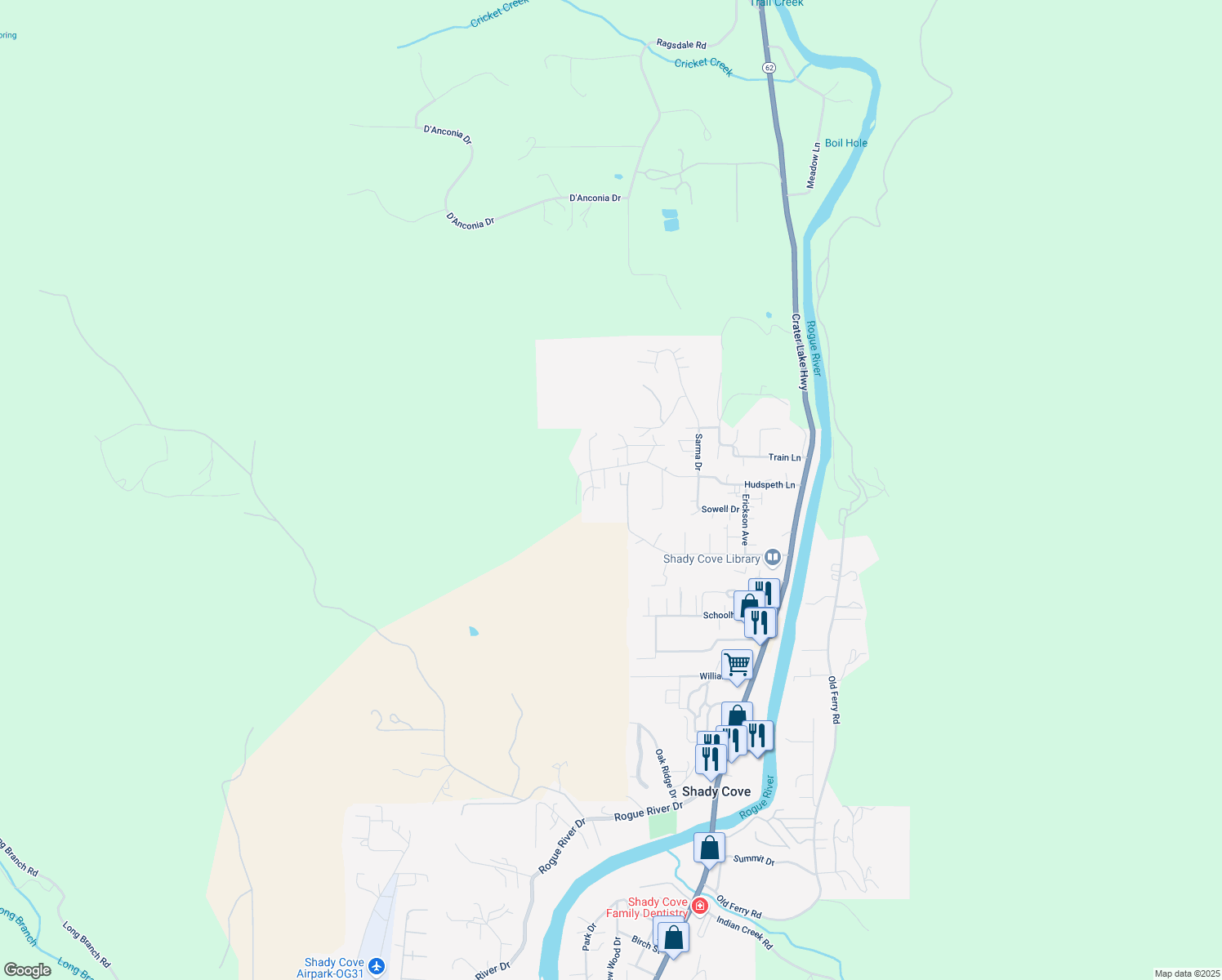 map of restaurants, bars, coffee shops, grocery stores, and more near 535 Hudspeth Lane in Shady Cove