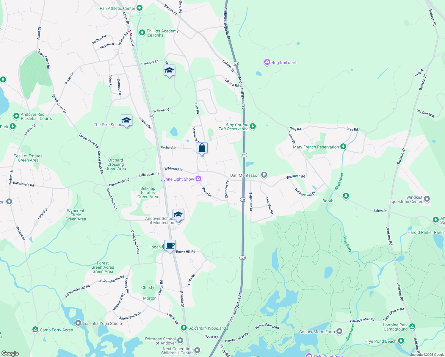 map of restaurants, bars, coffee shops, grocery stores, and more near 53 Wildwood Road in Andover