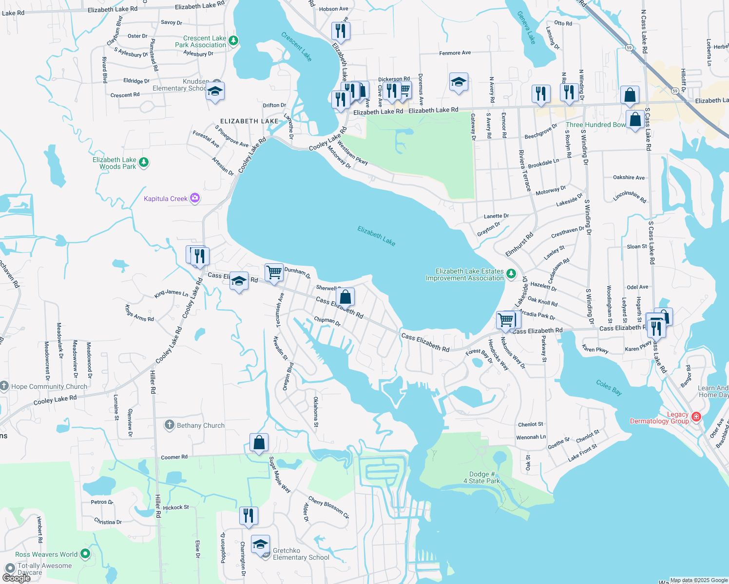 map of restaurants, bars, coffee shops, grocery stores, and more near 900 Sarena Drive in Waterford Township
