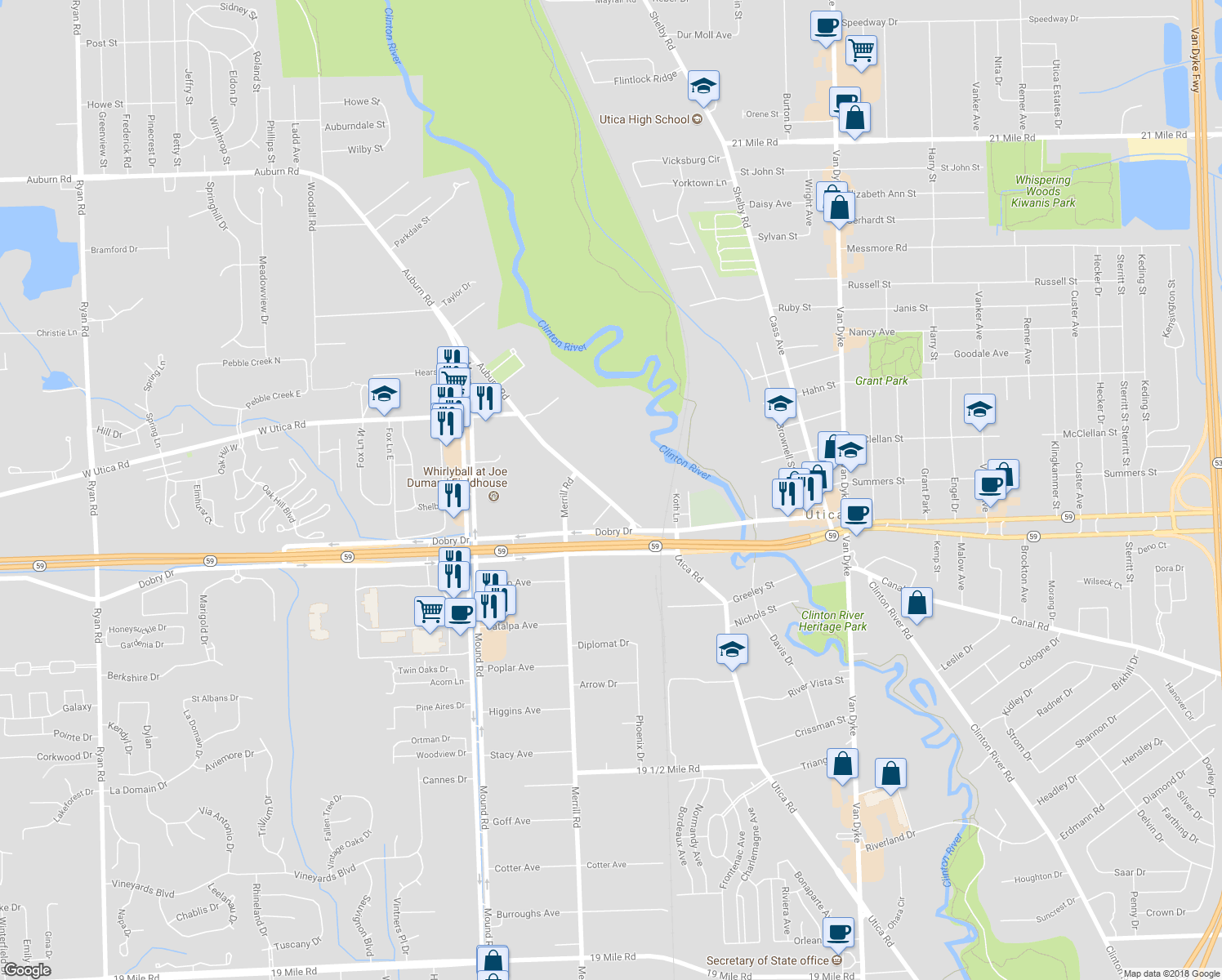 map of restaurants, bars, coffee shops, grocery stores, and more near 6625 Auburn Road in Utica