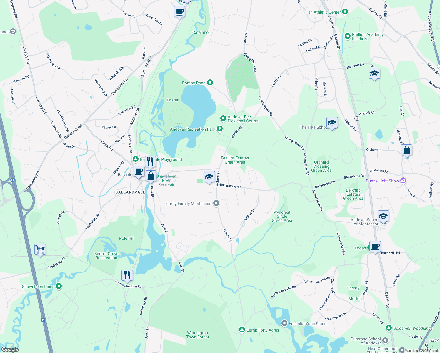 map of restaurants, bars, coffee shops, grocery stores, and more near 46 Woburn Street in Andover