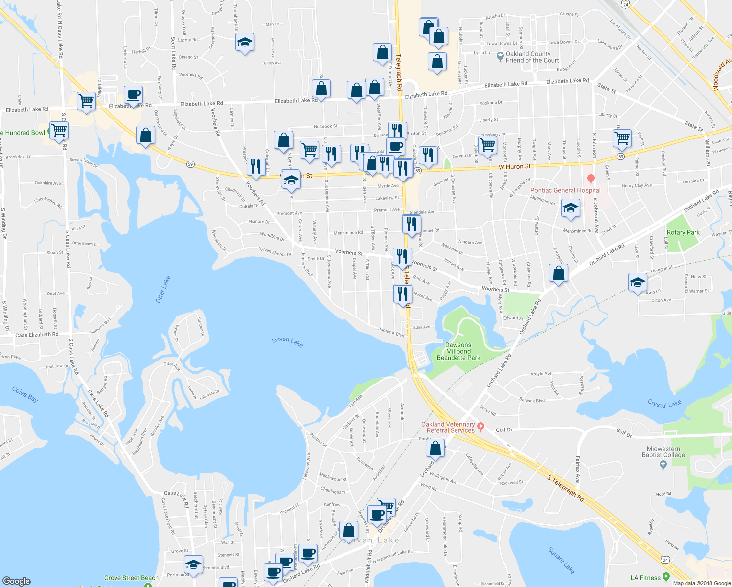 map of restaurants, bars, coffee shops, grocery stores, and more near 270 South Tilden Street in Pontiac
