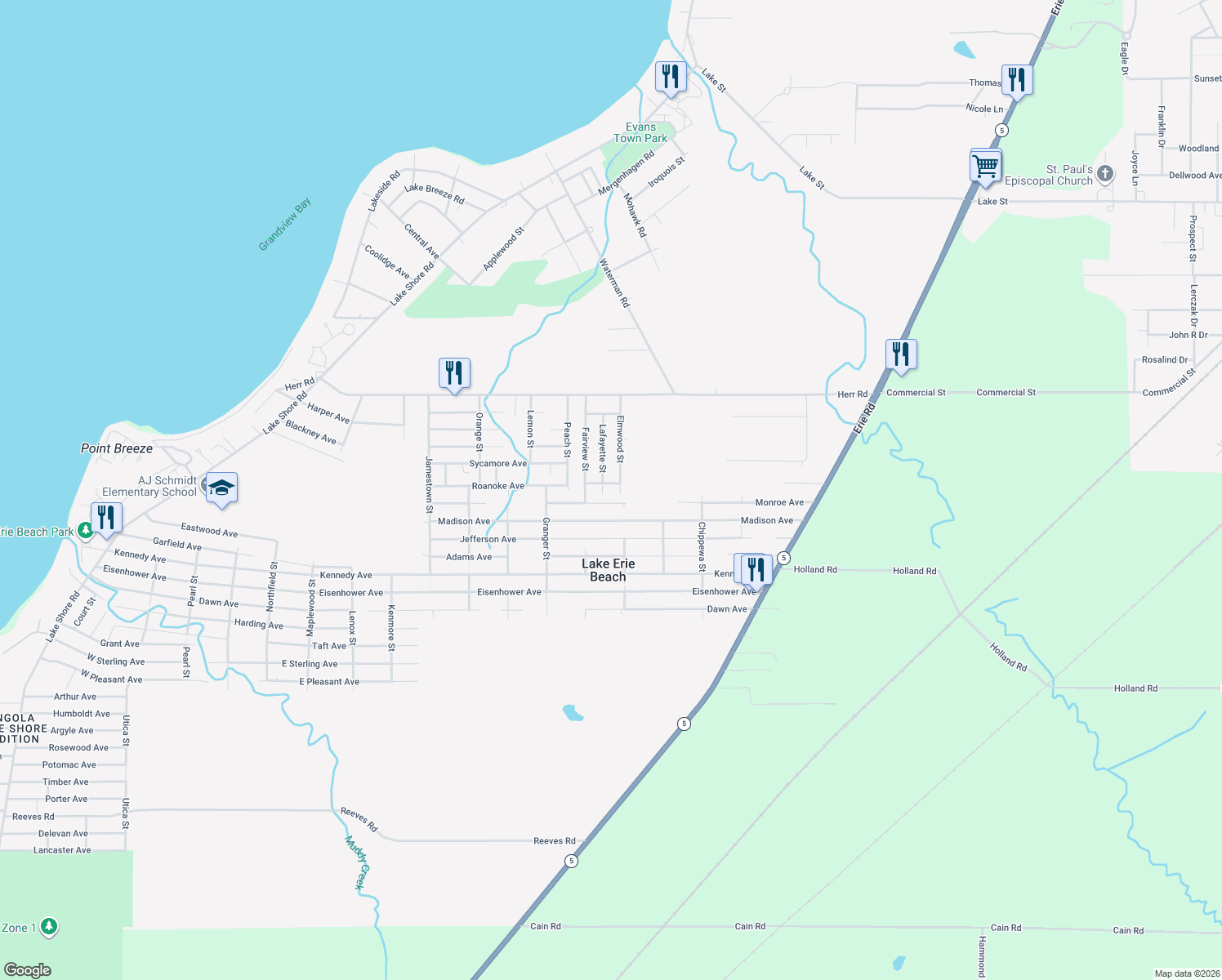 map of restaurants, bars, coffee shops, grocery stores, and more near 9482 Elmwood Street in Angola
