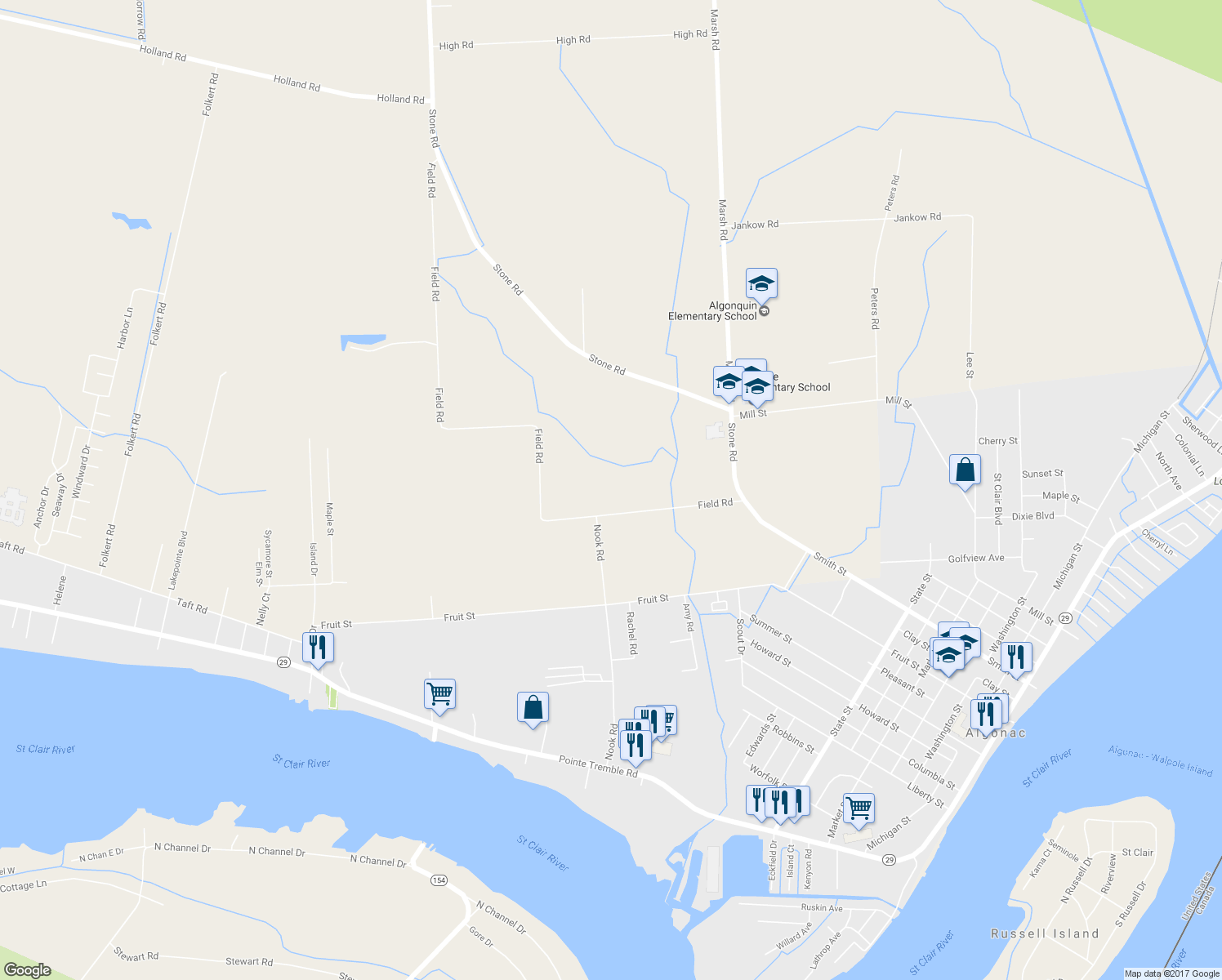 map of restaurants, bars, coffee shops, grocery stores, and more near 9207 Field Road in Clay Township