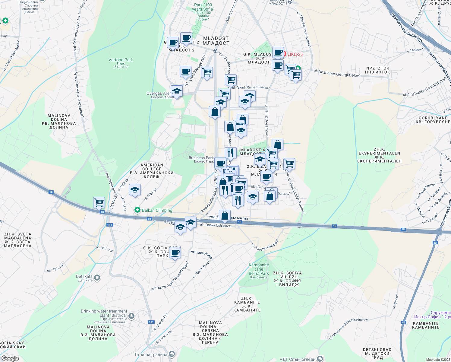 map of restaurants, bars, coffee shops, grocery stores, and more near 1 ulitsa "Business park Sofia" in Sofia