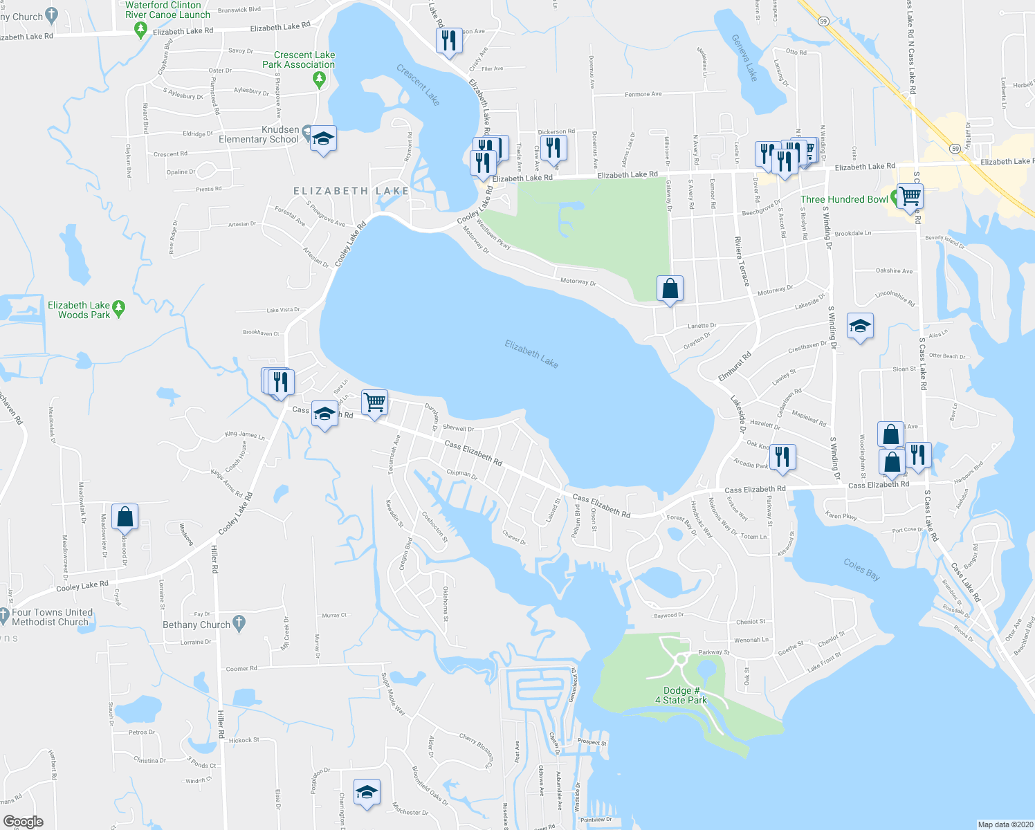 map of restaurants, bars, coffee shops, grocery stores, and more near 4780 Onawa Court in Waterford Township