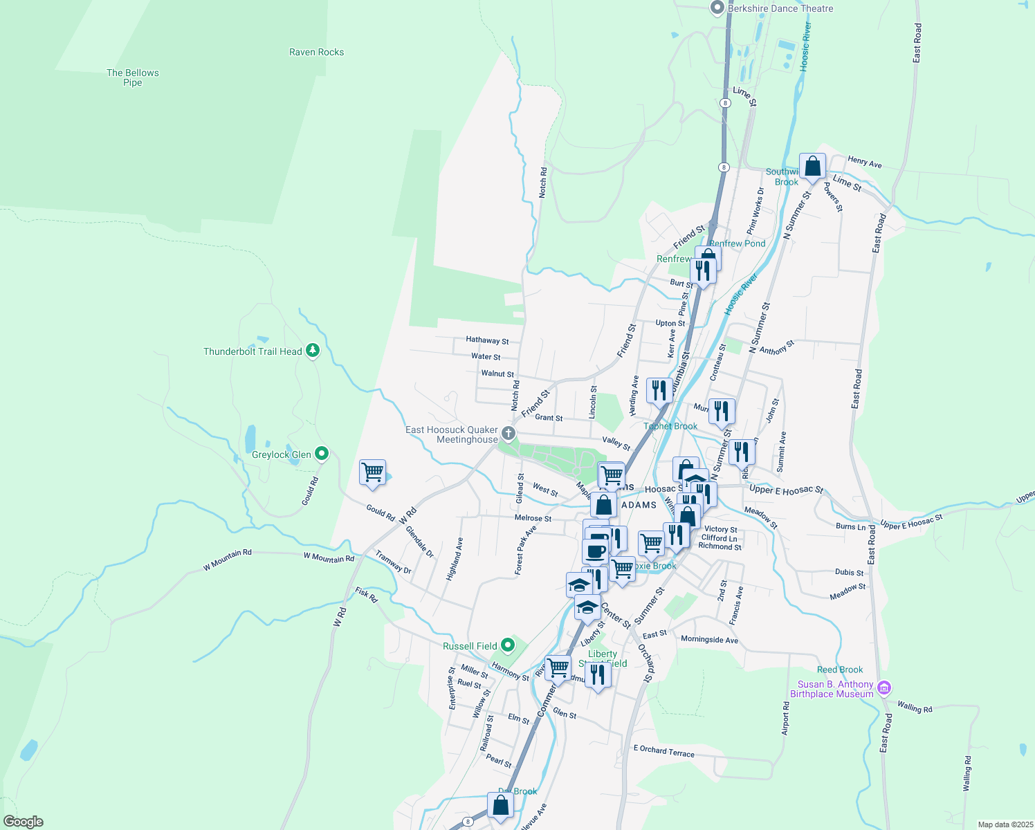 map of restaurants, bars, coffee shops, grocery stores, and more near 15 Notch Road in Adams