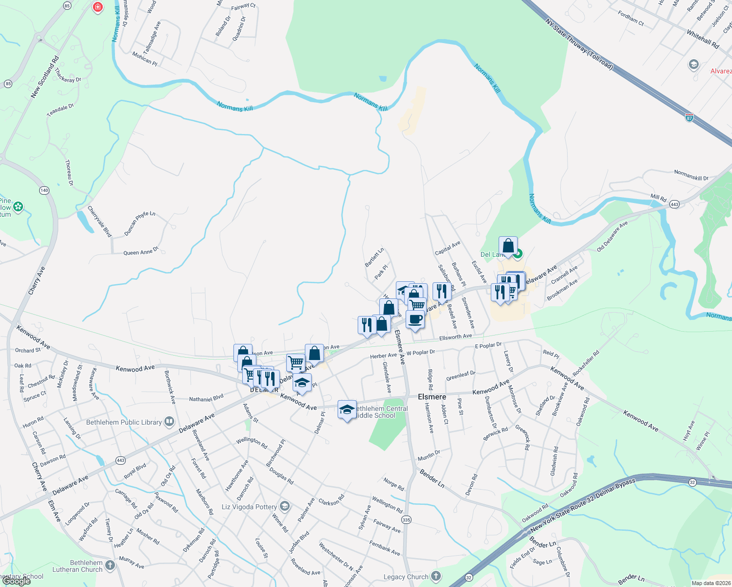 map of restaurants, bars, coffee shops, grocery stores, and more near 23 Groesbeck Pl in Delmar
