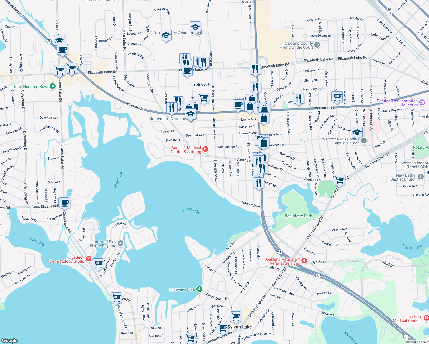 map of restaurants, bars, coffee shops, grocery stores, and more near 224 South Josephine Avenue in Pontiac
