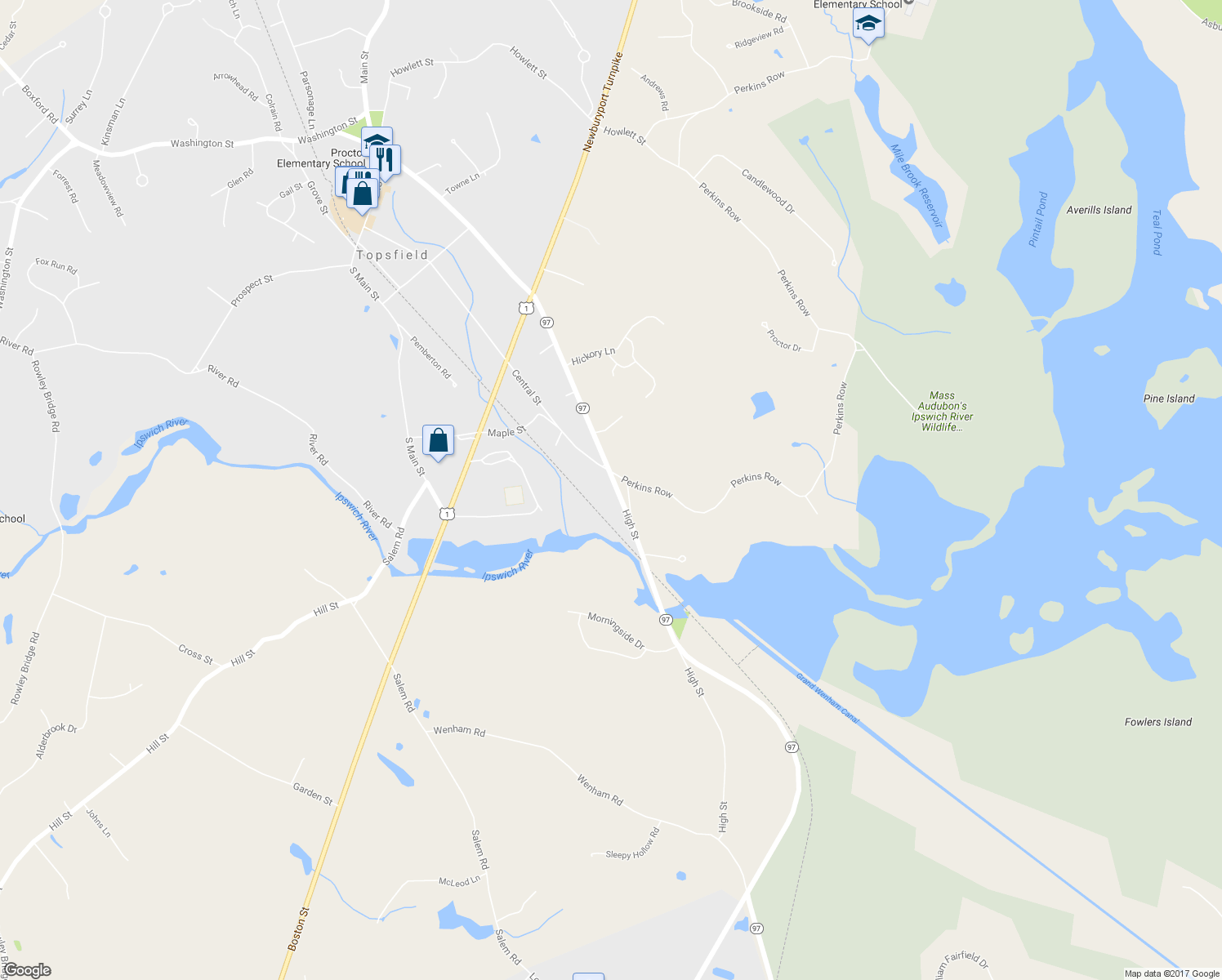 map of restaurants, bars, coffee shops, grocery stores, and more near 161 High Street in Topsfield