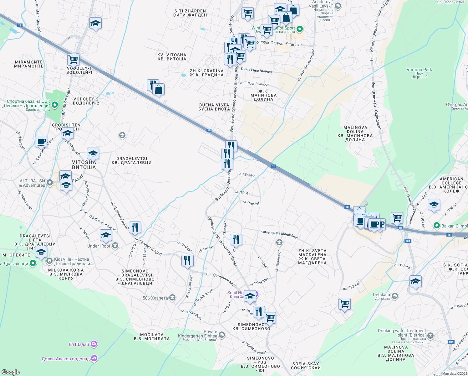 map of restaurants, bars, coffee shops, grocery stores, and more near 3 ulitsa "50-ta" in Sofia