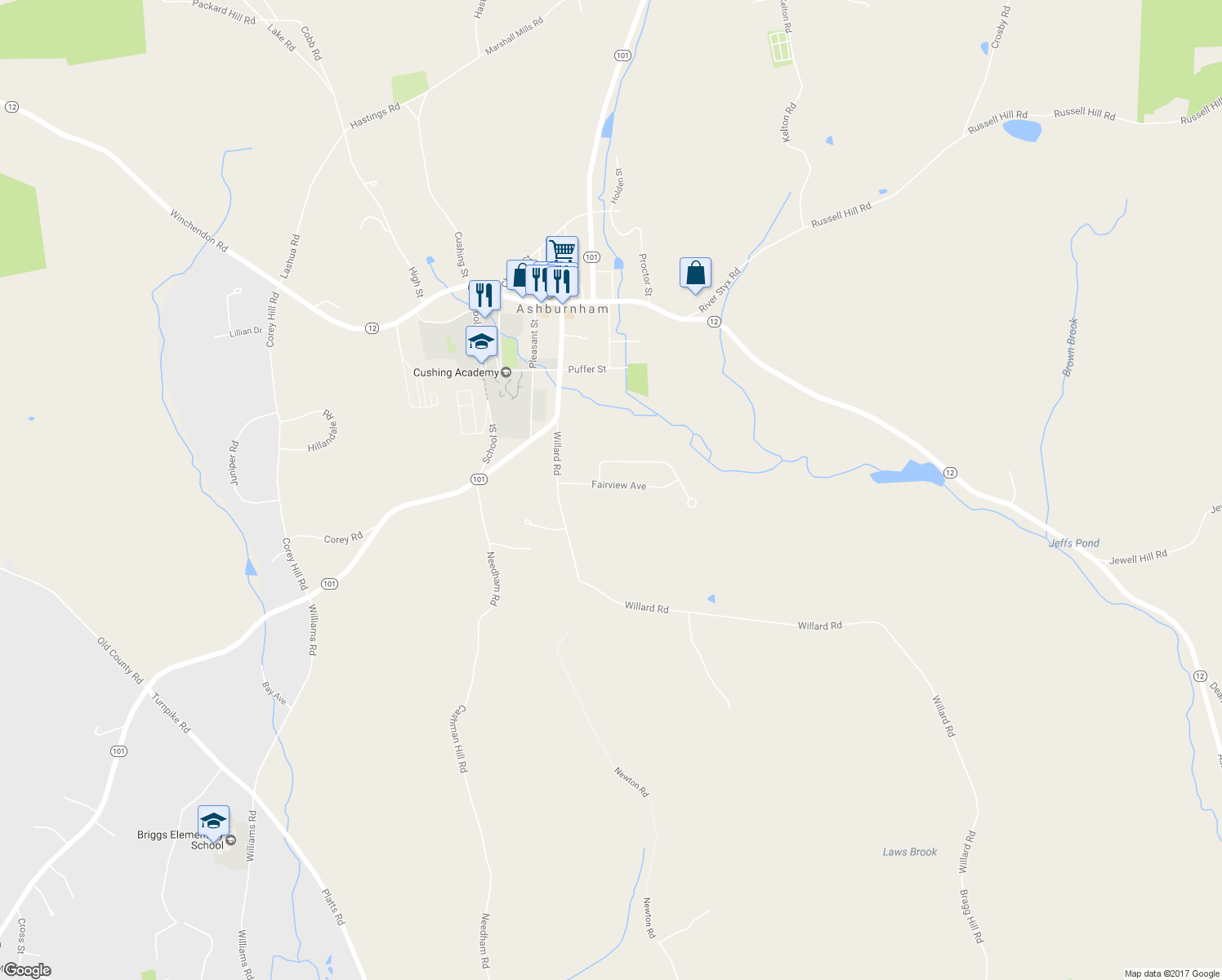 map of restaurants, bars, coffee shops, grocery stores, and more near 20 Fairview Avenue in Ashburnham
