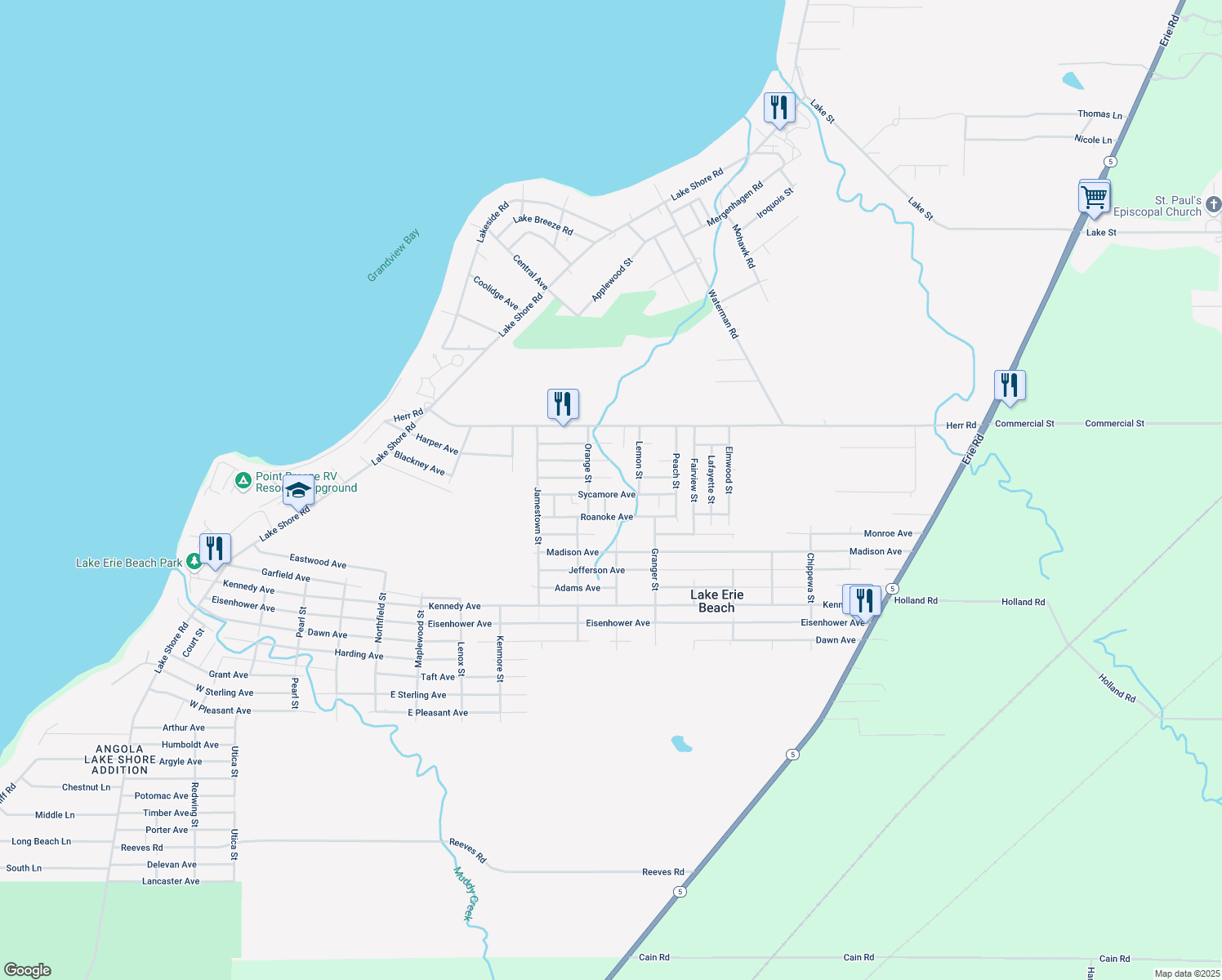 map of restaurants, bars, coffee shops, grocery stores, and more near 490 Sycamore Ave in Angola