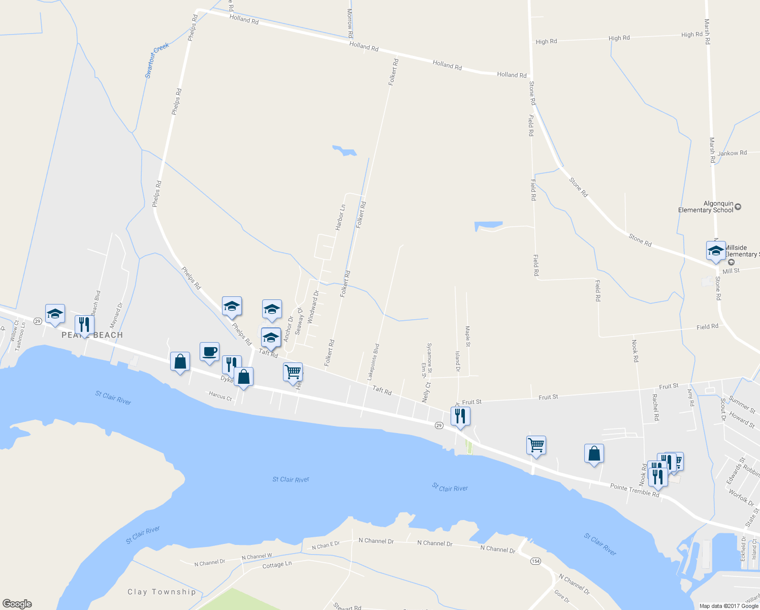 map of restaurants, bars, coffee shops, grocery stores, and more near 9396 Lakepointe Boulevard in Clay Township