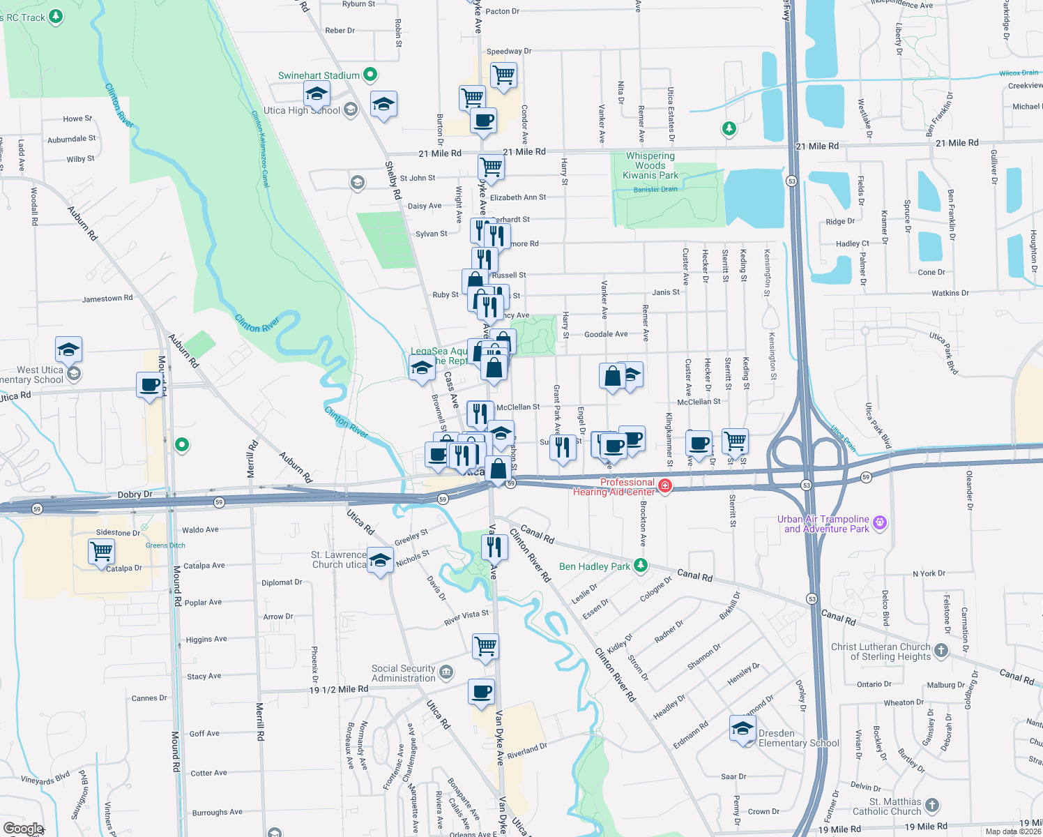 map of restaurants, bars, coffee shops, grocery stores, and more near 45276 Deshon Street in Utica