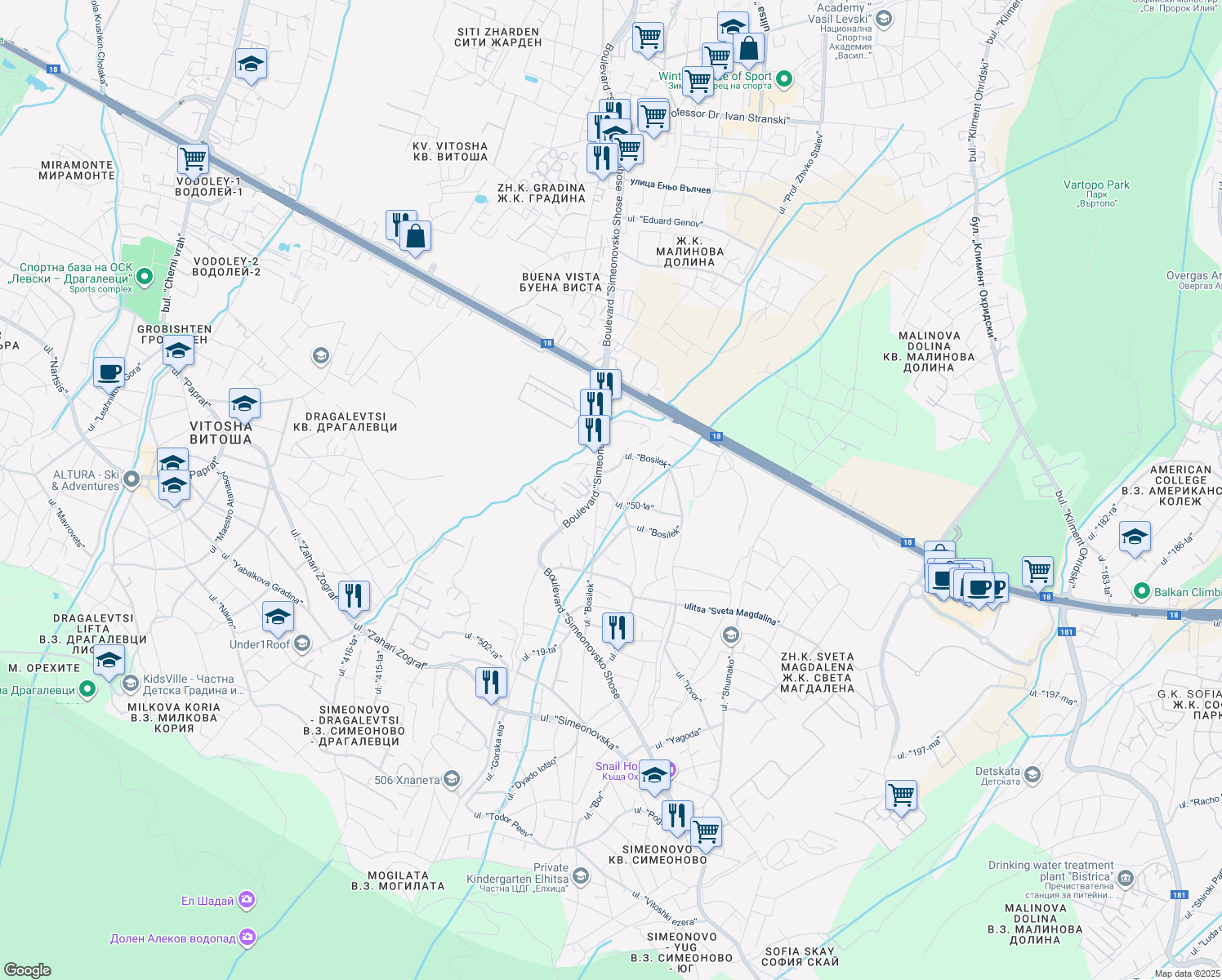 map of restaurants, bars, coffee shops, grocery stores, and more near 3 ulitsa "50-ta" in Sofia