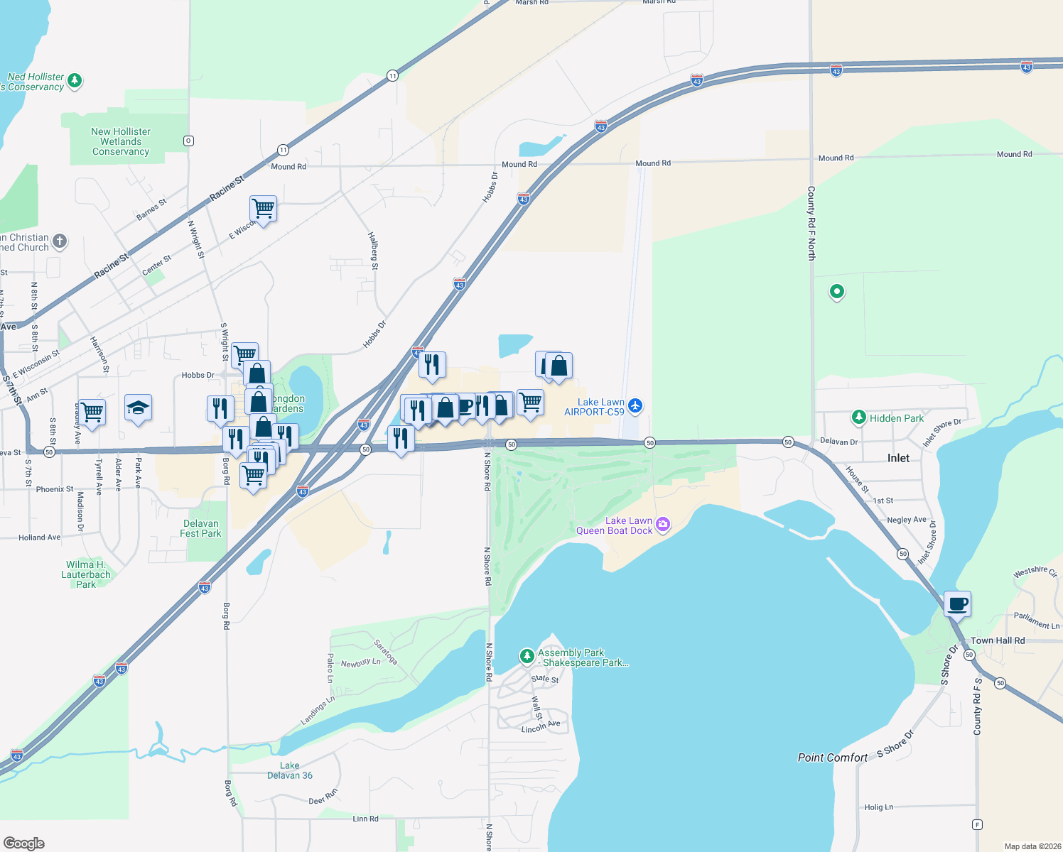map of restaurants, bars, coffee shops, grocery stores, and more near 2027 East Geneva Street in Delavan