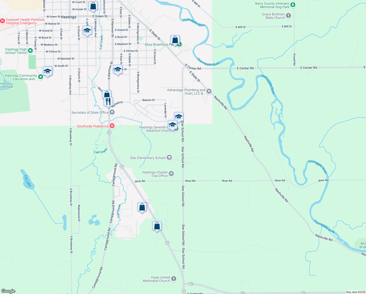 map of restaurants, bars, coffee shops, grocery stores, and more near 1851 Star School Road in Hastings