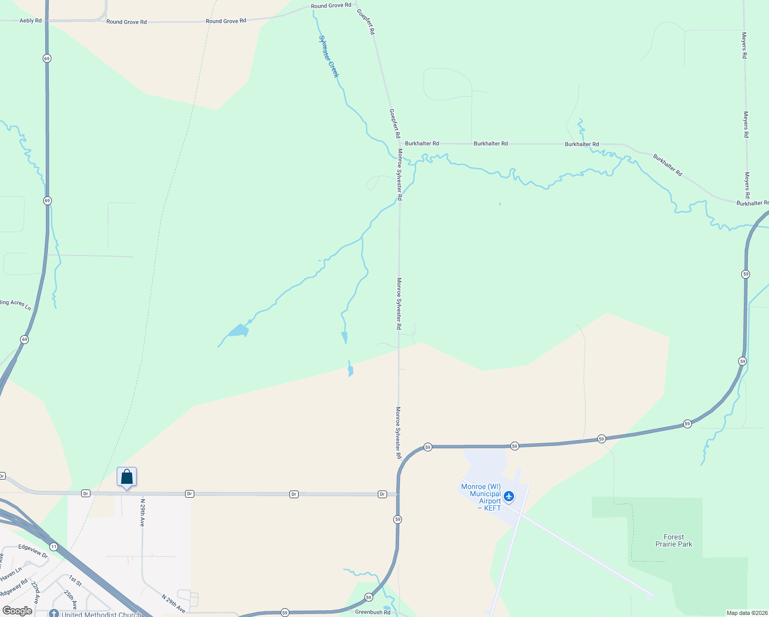 map of restaurants, bars, coffee shops, grocery stores, and more near N3405 Monroe Sylvester Road in Monroe