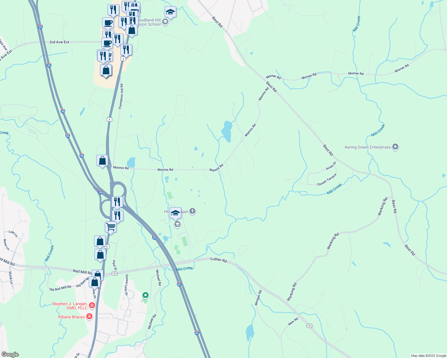 map of restaurants, bars, coffee shops, grocery stores, and more near 3-15 Whitney Way in East Greenbush