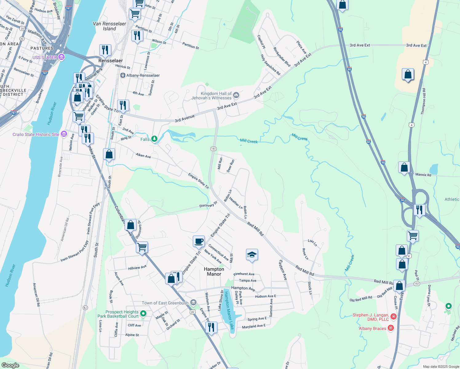 map of restaurants, bars, coffee shops, grocery stores, and more near 75 Robin Ln in Rensselaer