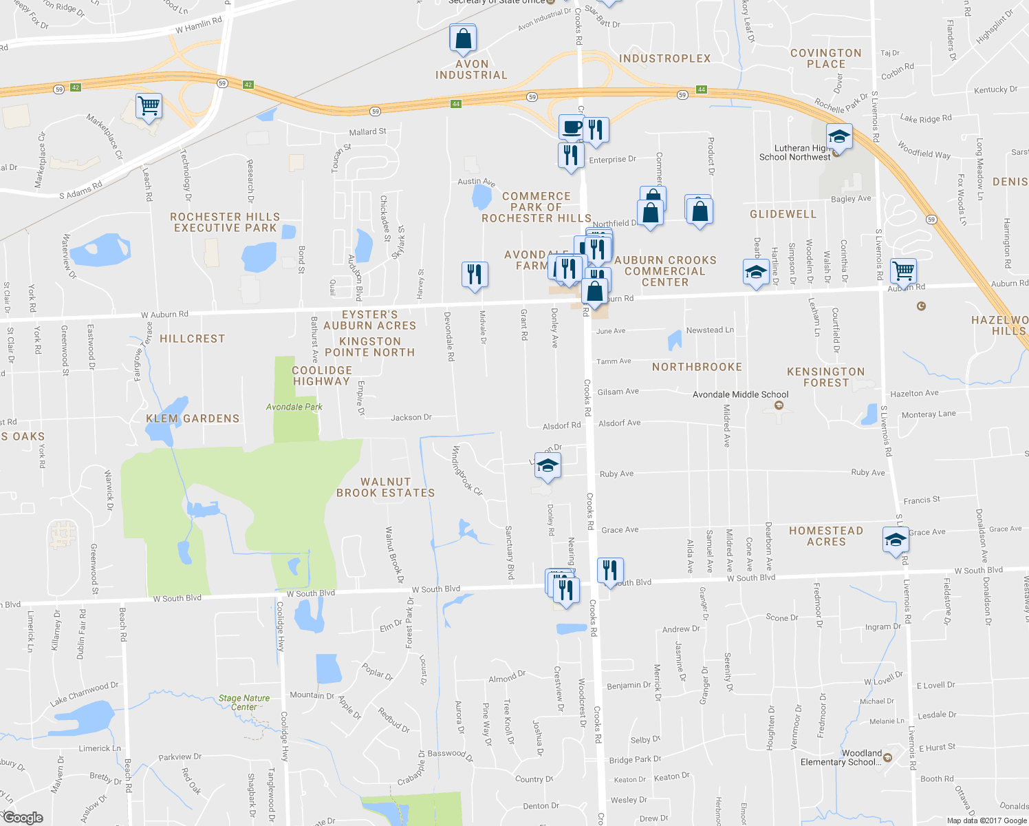 map of restaurants, bars, coffee shops, grocery stores, and more near 3362 Grant Road in Rochester Hills