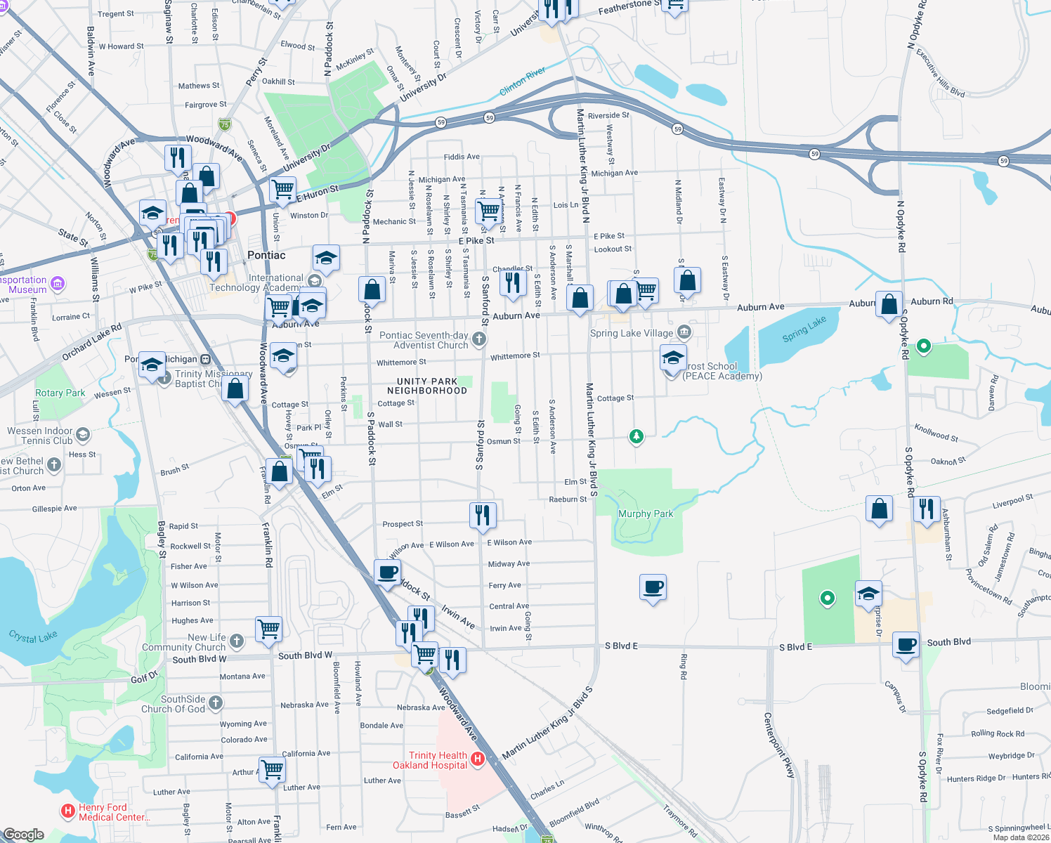map of restaurants, bars, coffee shops, grocery stores, and more near 295 Going Street in Pontiac