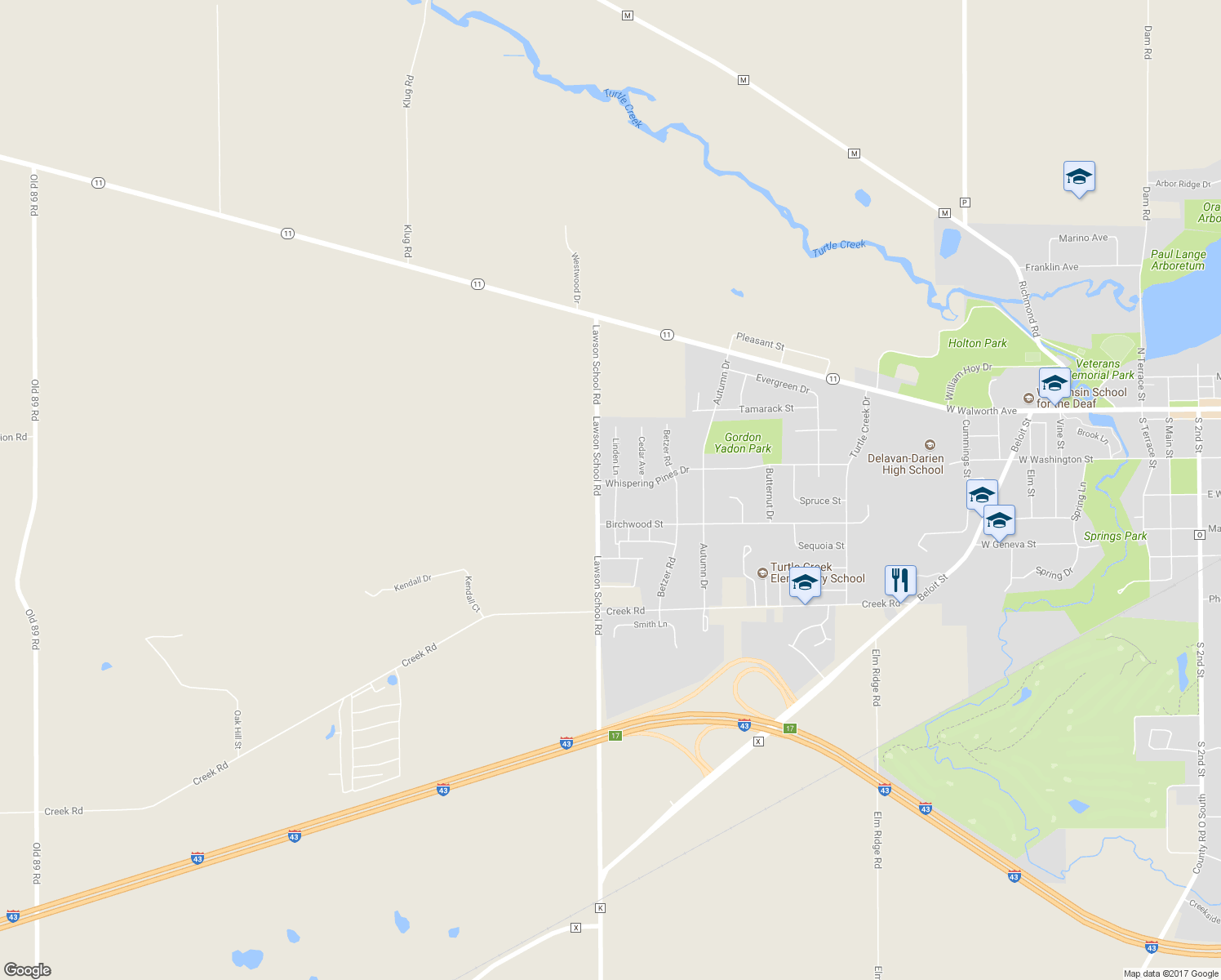 map of restaurants, bars, coffee shops, grocery stores, and more near 302 Linden Lane in Delavan