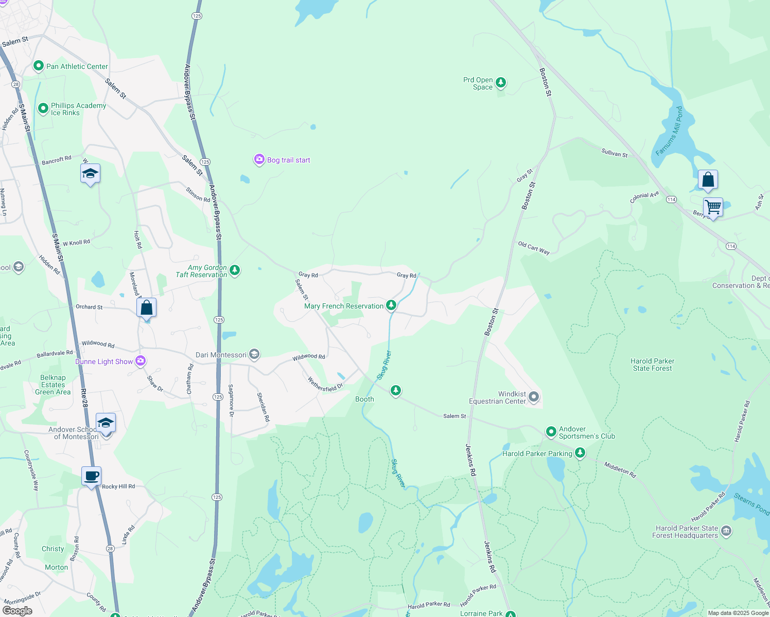 map of restaurants, bars, coffee shops, grocery stores, and more near 9 Korinthian Way in Andover
