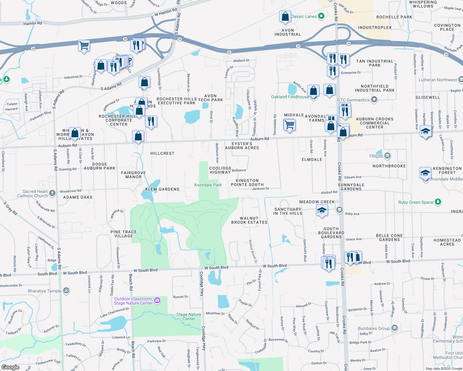 map of restaurants, bars, coffee shops, grocery stores, and more near 3369 Rockhaven Ave in Rochester Hills