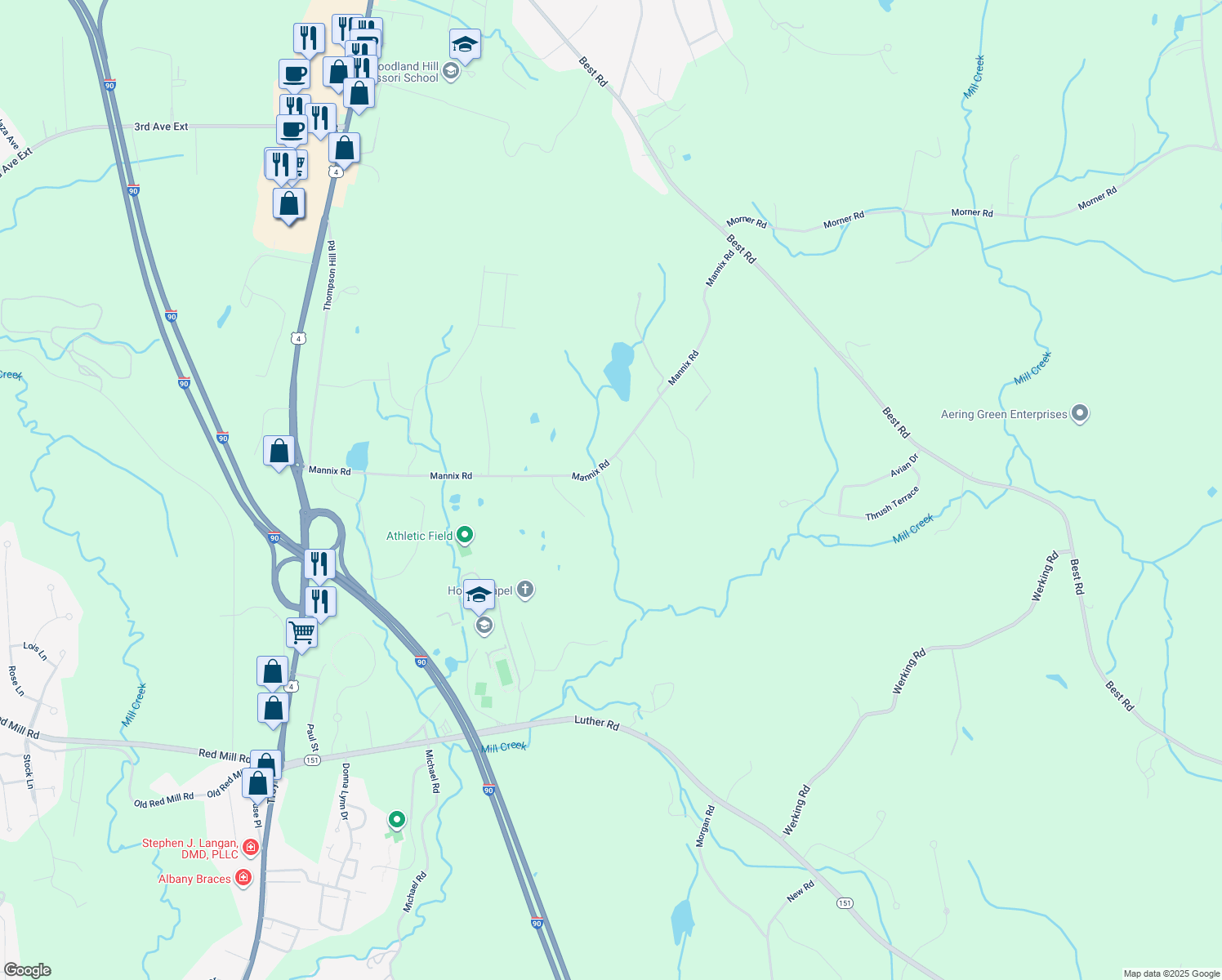 map of restaurants, bars, coffee shops, grocery stores, and more near 3-15 Whitney Way in East Greenbush