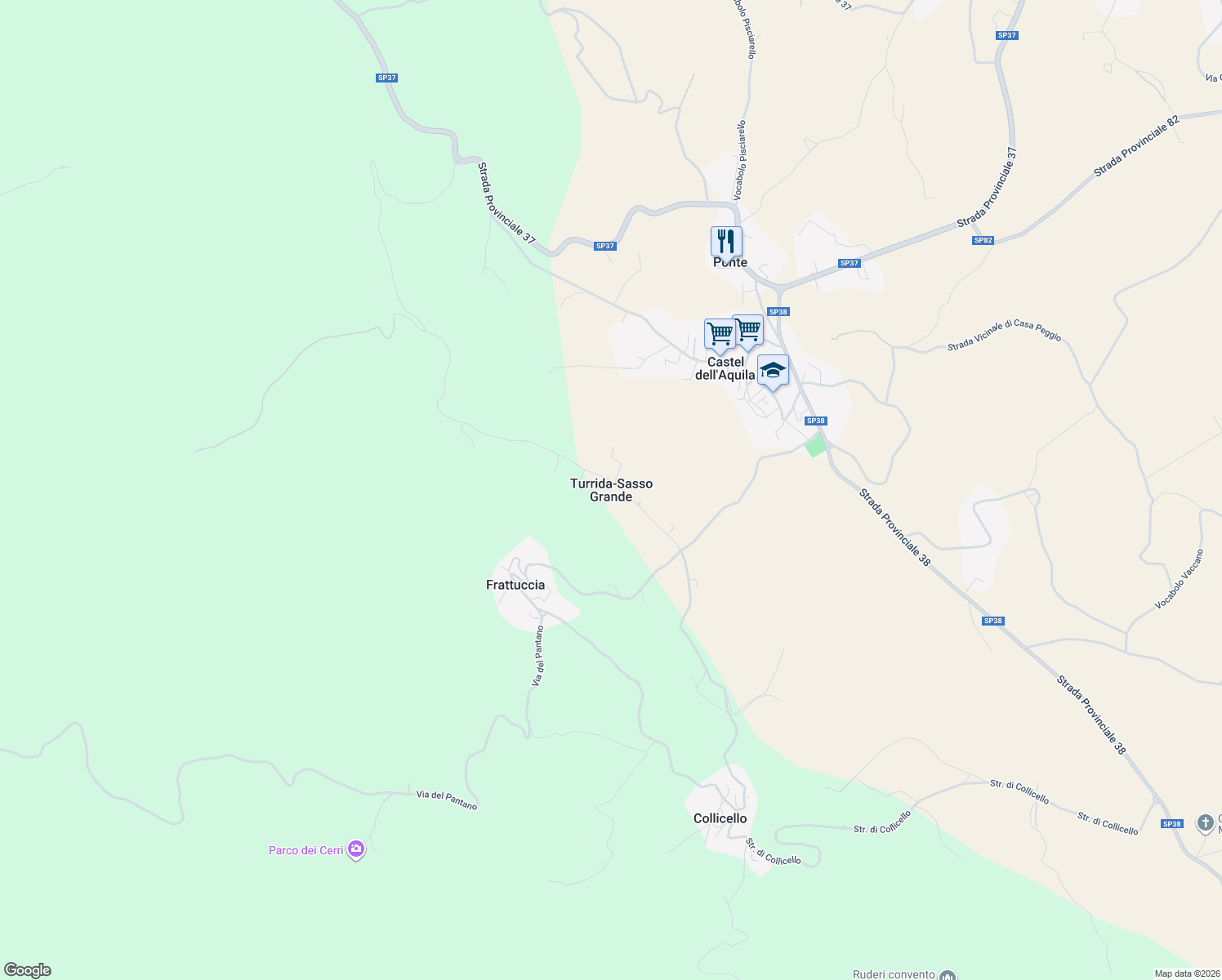 map of restaurants, bars, coffee shops, grocery stores, and more near in Turrida-Sasso Grande