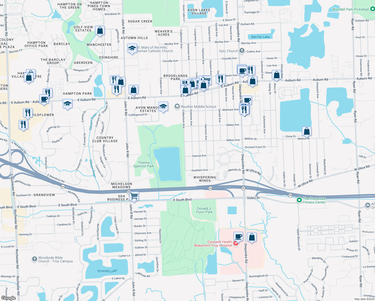 map of restaurants, bars, coffee shops, grocery stores, and more near 3401 Culbertson Avenue in Rochester Hills