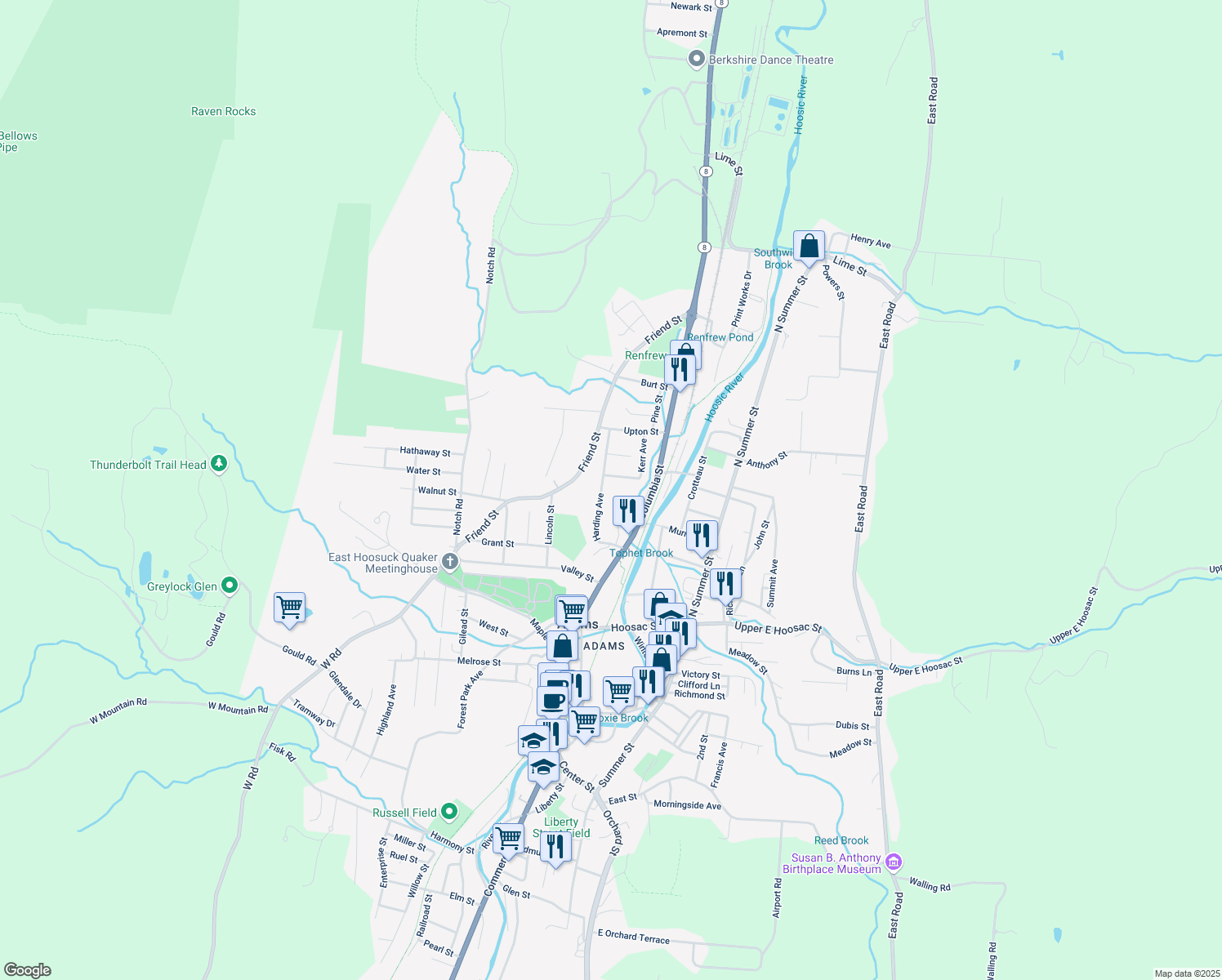 map of restaurants, bars, coffee shops, grocery stores, and more near 20 Harding Avenue in Adams