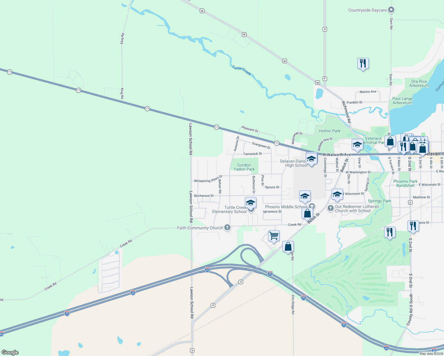 map of restaurants, bars, coffee shops, grocery stores, and more near 205 Betzer Road in Delavan