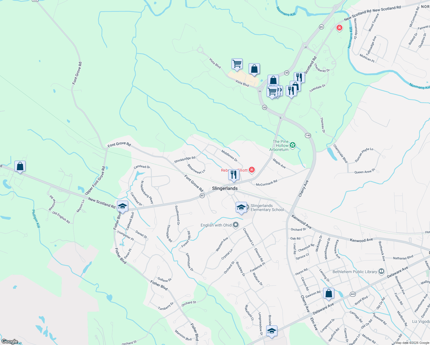 map of restaurants, bars, coffee shops, grocery stores, and more near 29 Mullens Rd in Slingerlands
