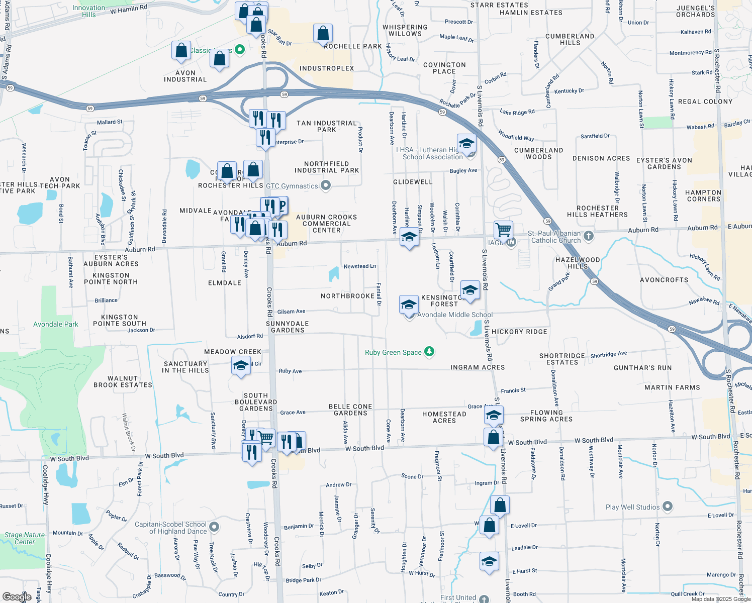 map of restaurants, bars, coffee shops, grocery stores, and more near 3253 Fantail Drive in Rochester Hills
