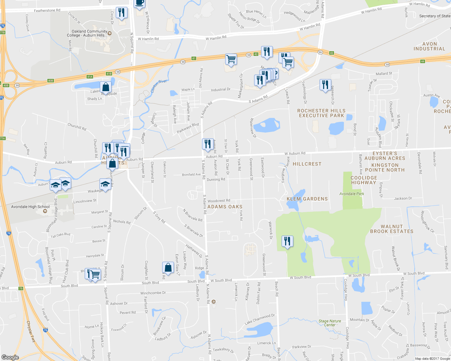 map of restaurants, bars, coffee shops, grocery stores, and more near 3821 Dunning Road in Rochester Hills