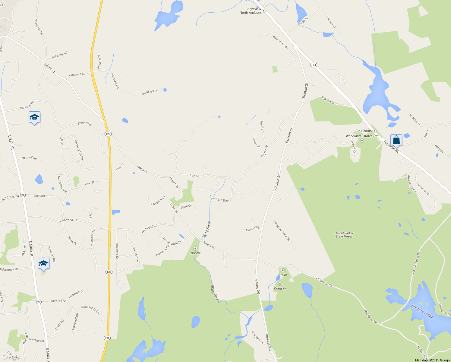 map of restaurants, bars, coffee shops, grocery stores, and more near 55 Gray Road in Andover