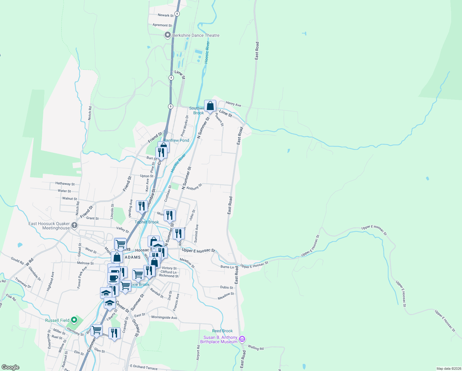 map of restaurants, bars, coffee shops, grocery stores, and more near 10 Anthony St in Adams