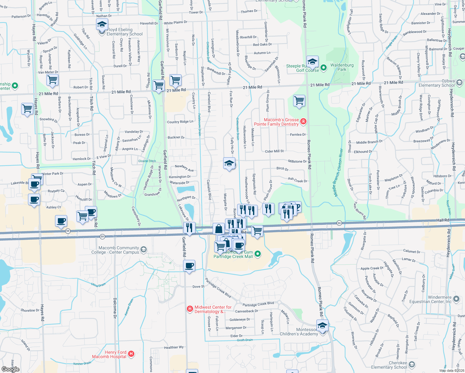map of restaurants, bars, coffee shops, grocery stores, and more near 17509 Yaneev Drive in Macomb