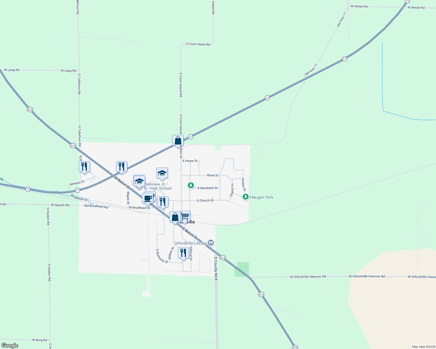 map of restaurants, bars, coffee shops, grocery stores, and more near 401 Comfortcove Street in Orfordville