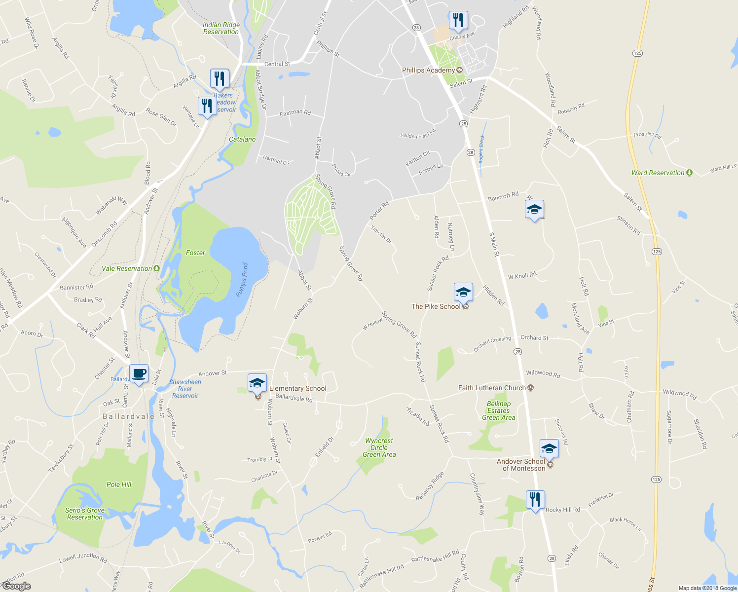 map of restaurants, bars, coffee shops, grocery stores, and more near 75 Spring Grove Road in Andover