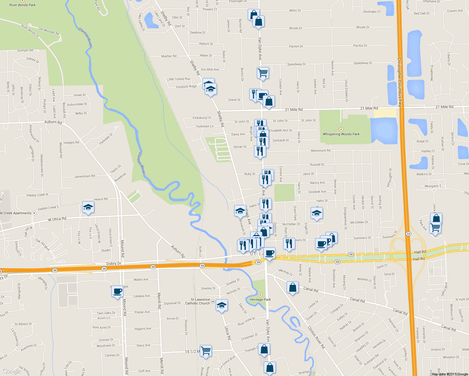 map of restaurants, bars, coffee shops, grocery stores, and more near 45890 Brownell Street in Utica
