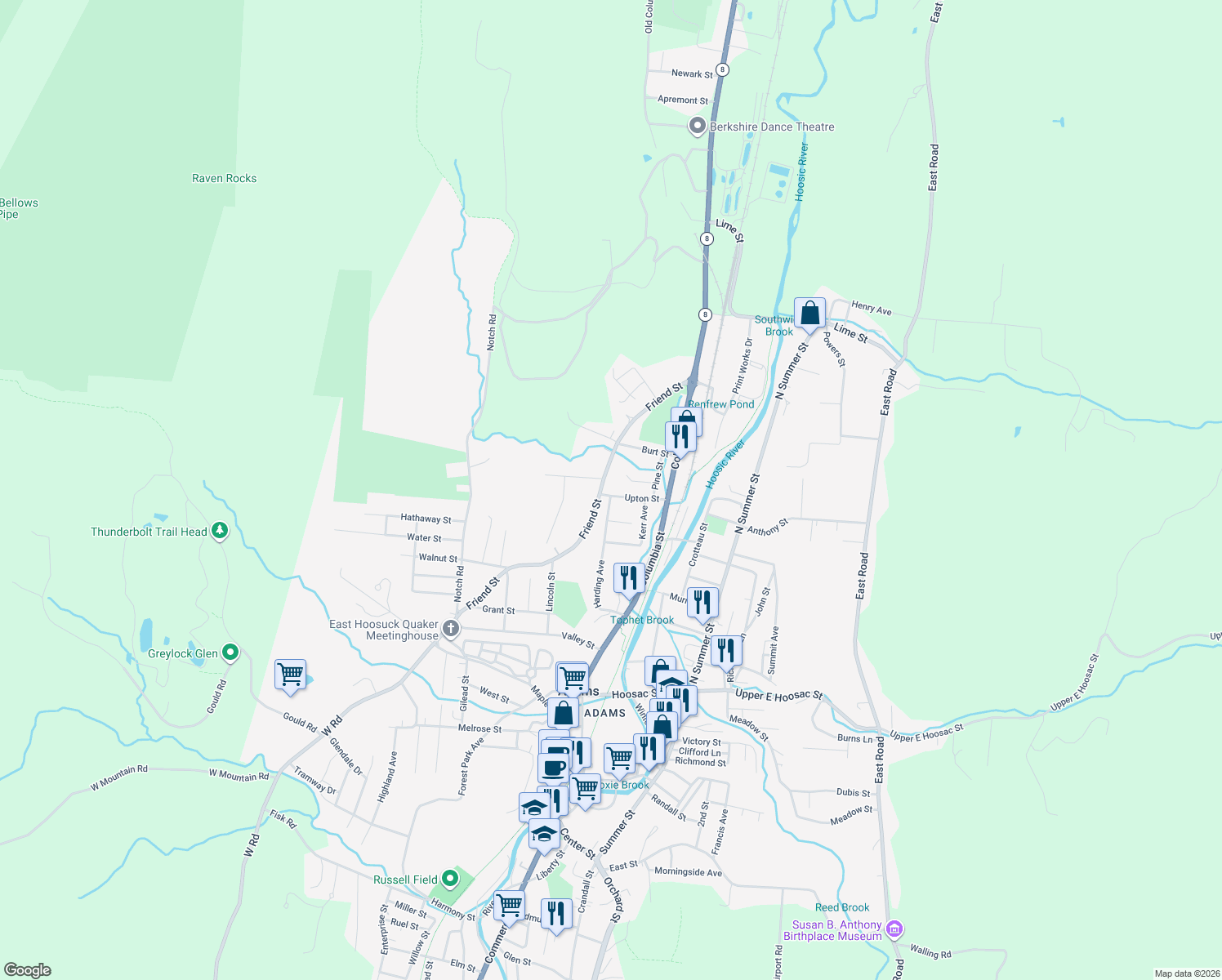map of restaurants, bars, coffee shops, grocery stores, and more near 37 Upton Street in Adams