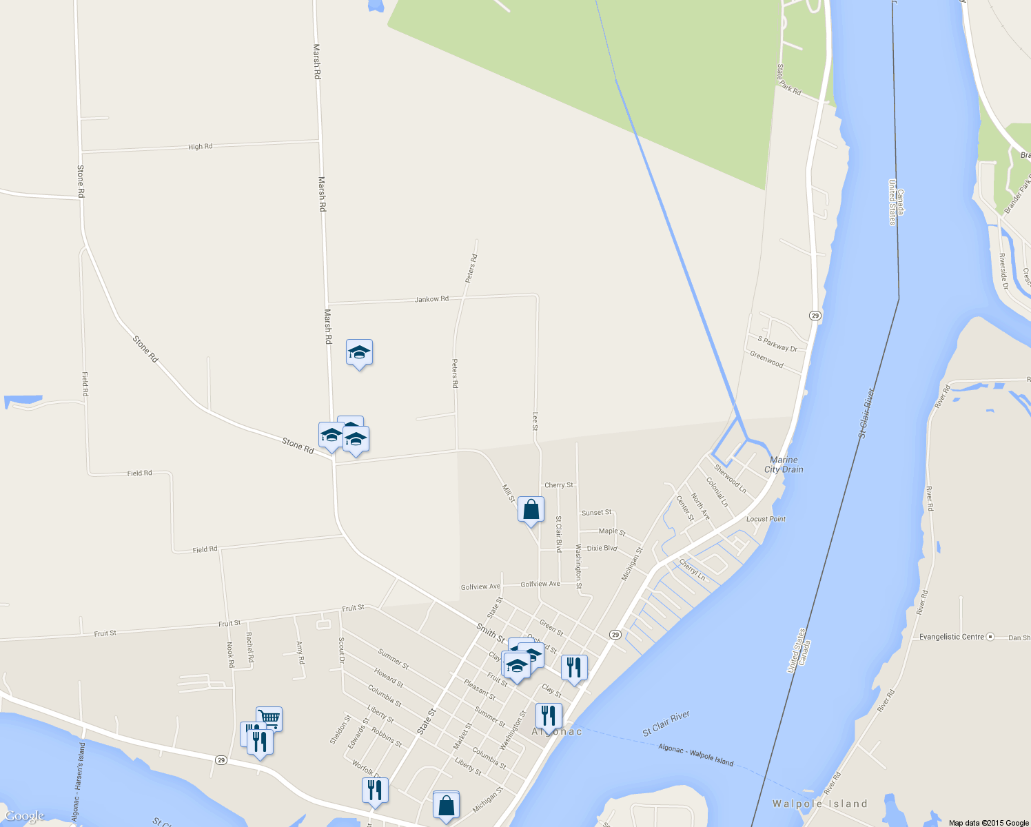 map of restaurants, bars, coffee shops, grocery stores, and more near 9804 Lee St in Algonac